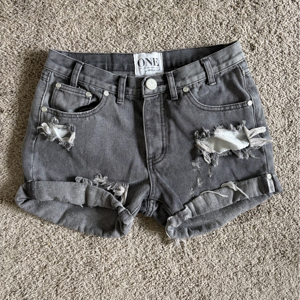 One Teaspoon Gray Distressed Roll-Cuff Jean Shorts